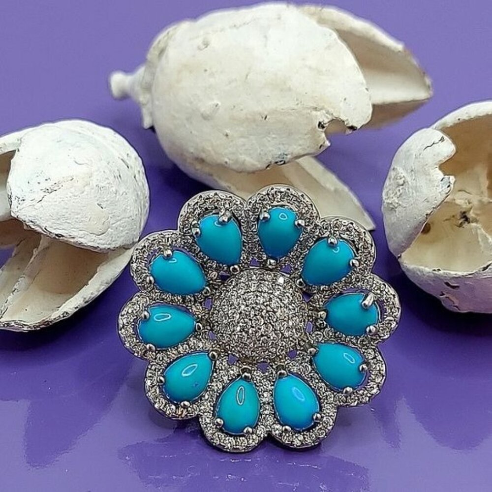 Natural Turquoise 6x4mm & Cz 925 Sterling Silver Ring Size 6.5‎